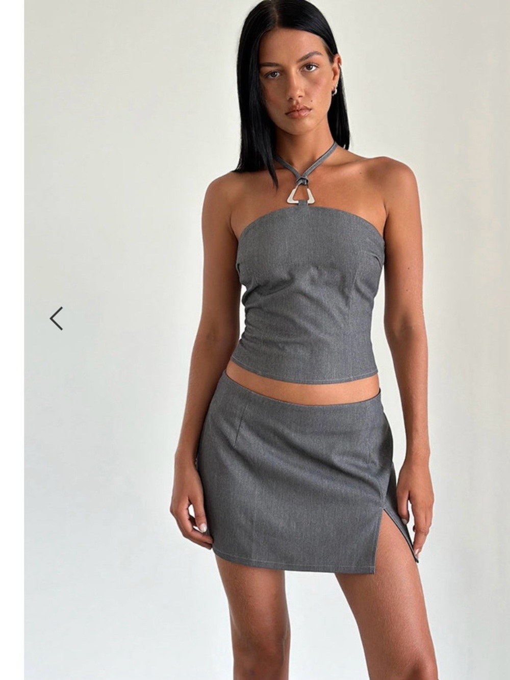 Motel Rocks Charcoal Gray Mini Skirt and Halter Top with silver buckle